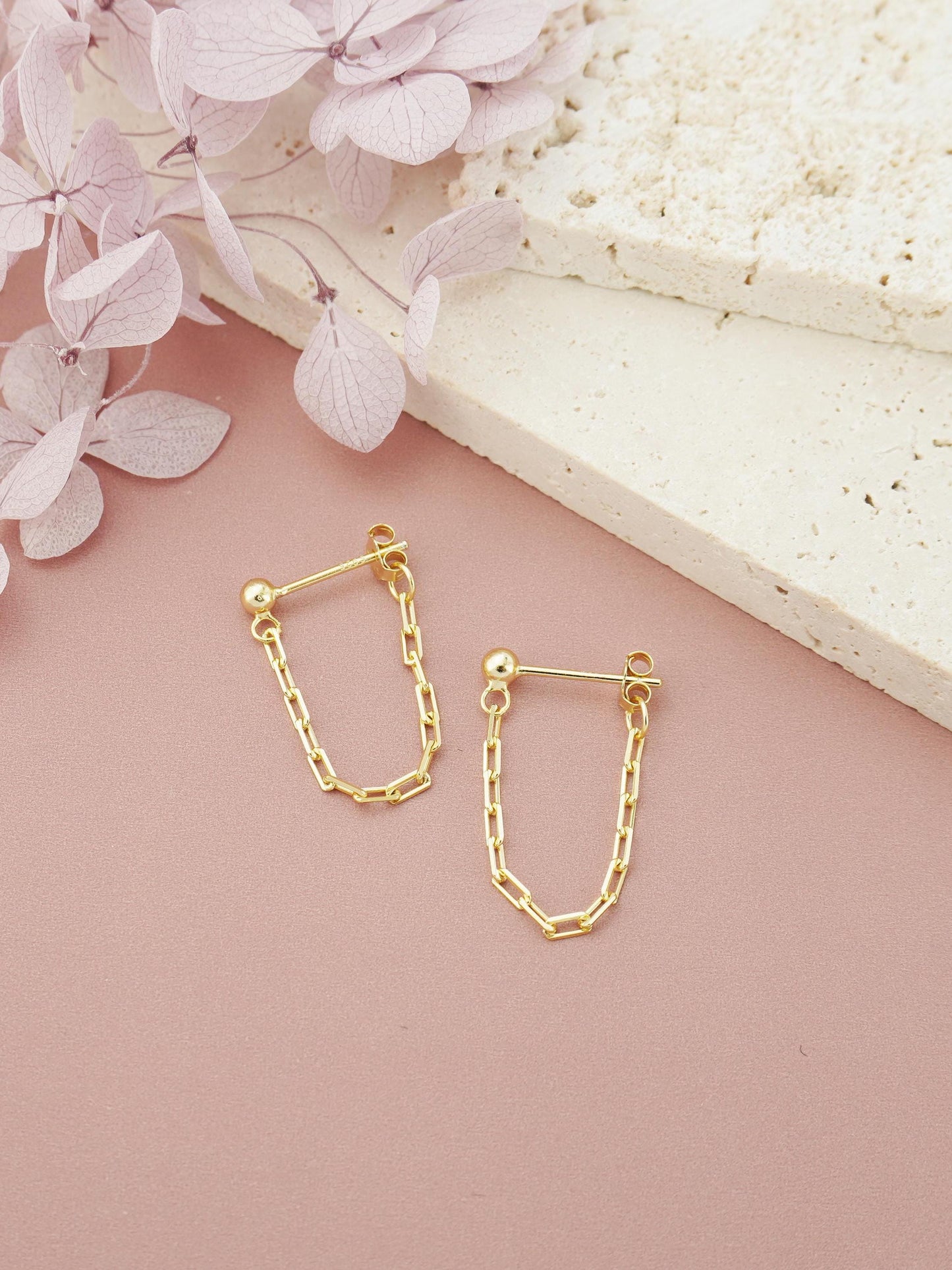 Pair of Paperclip Chain Stud Earrings in Sterling Silver or 18ct Gold Plated, Tiny Front & Back Ear Jacket