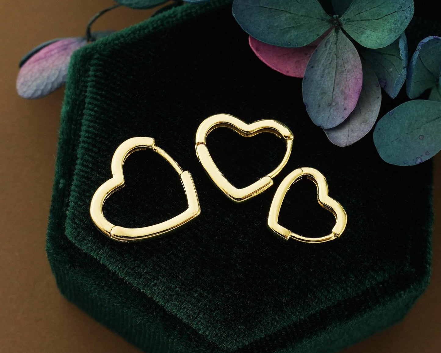 Pair of Minimal Love Heart Huggie Hoop Earrings in Brass Plated with Rhodium, Gold, Rose Gold