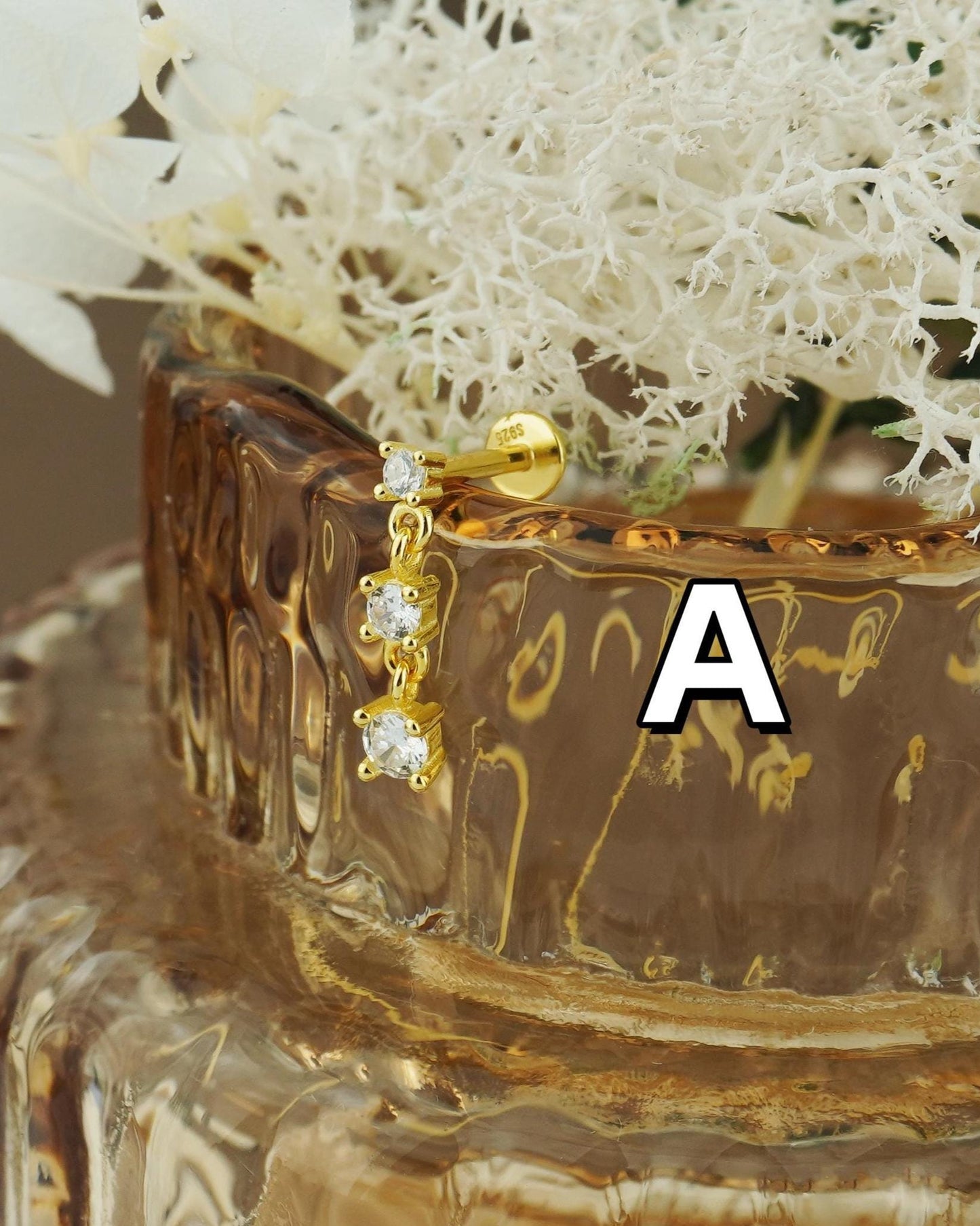 1 pc of Dangly CZ Flat Back Stud Earring in Gold Plated Sterling Silver, Drop Chain Sparkly Gem Cartilage Tragus Lobe Piercing Jewelry