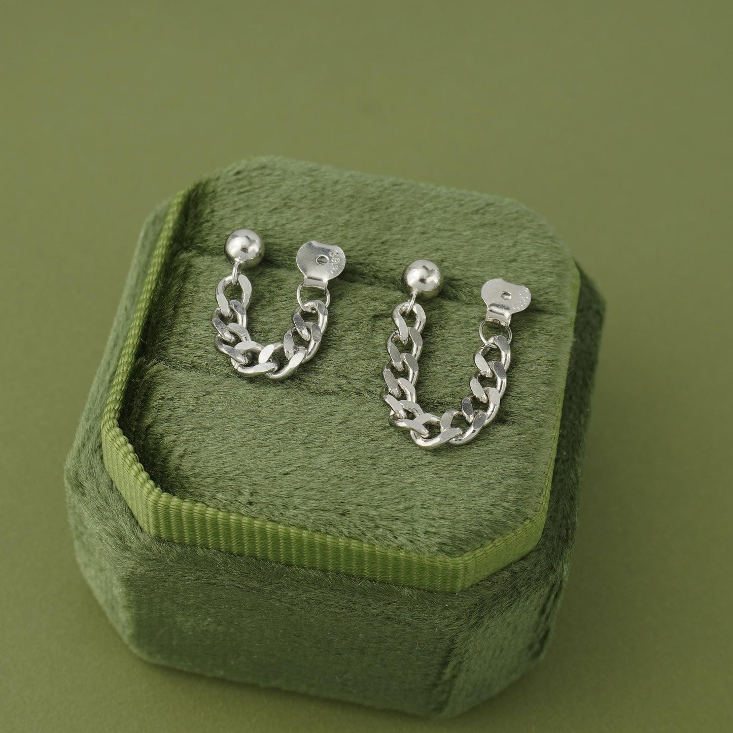 1 pc of Sterling Silver Chunky Bold Curb Chain Stud Earring, Front & Back Minimal Ear Jacket, Cuban Drop Tassel Lobe Piercing, Available in 3cm and 4cm