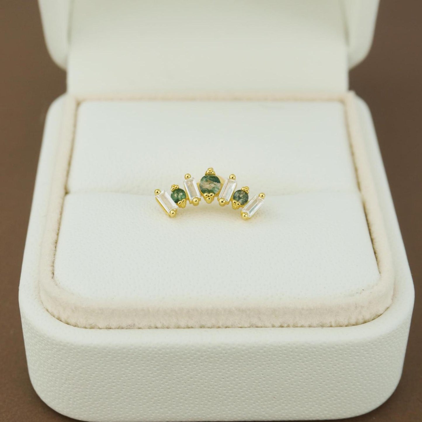 1 pc of Natural Green Moss Agate Crown Shape Flat Back Stud Earring in Gold Plated over Sterling Silver