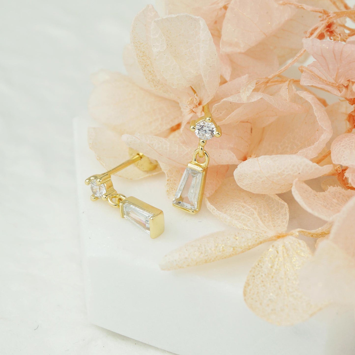 Pair of Dangle Trapezoid CZ Crystal Stud Earrings in 14ct Gold Plated Sterling Silver