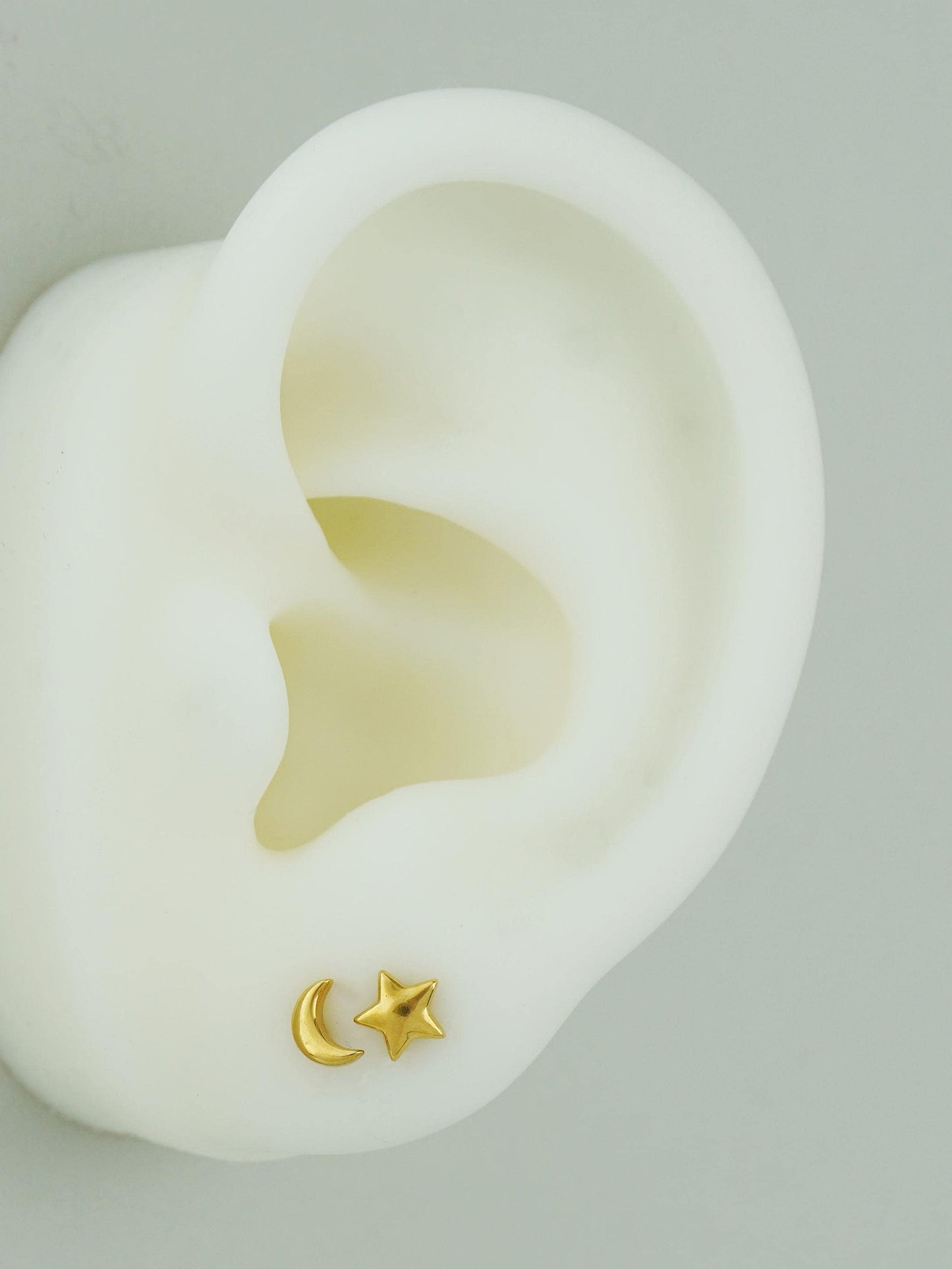 Pair of Mismatched Stainless Steel Star & Crescent Moon Stud Earrings in Steel or Golden, Flat Screw Back, 16G 6mm or 8mm post