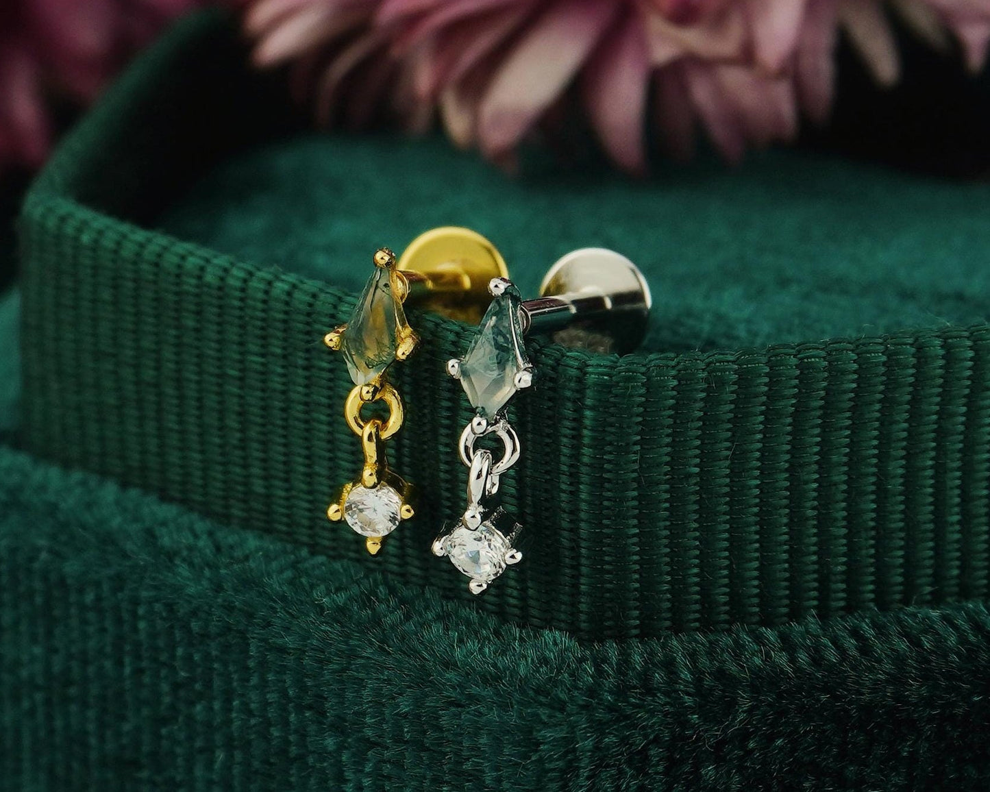 1 pc of VERY TINY Natural Green Moss Agate Kite Shape with Dangly CZ Stud Earring in Sterling Silver / Plated Gold