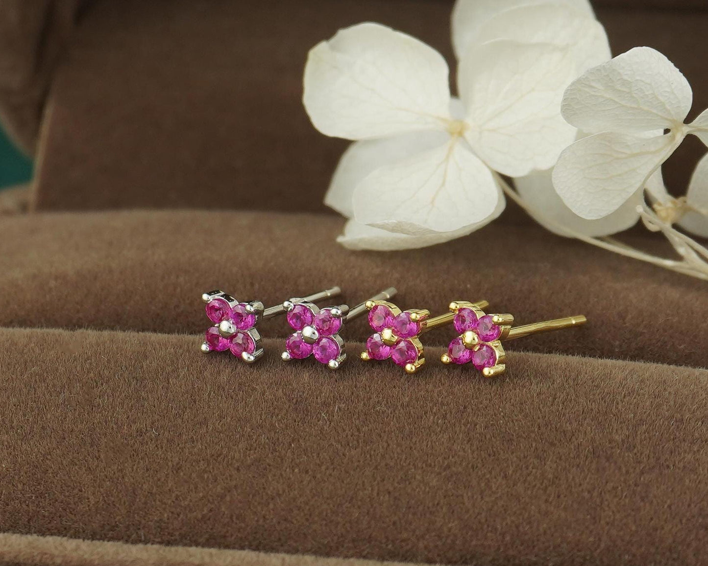 Pair of Tiny Quartet CZ Stud Earrings in Sterling Silver / Gold, Sparkly Hydrangea Flower in Emerald, Onyx, Ruby