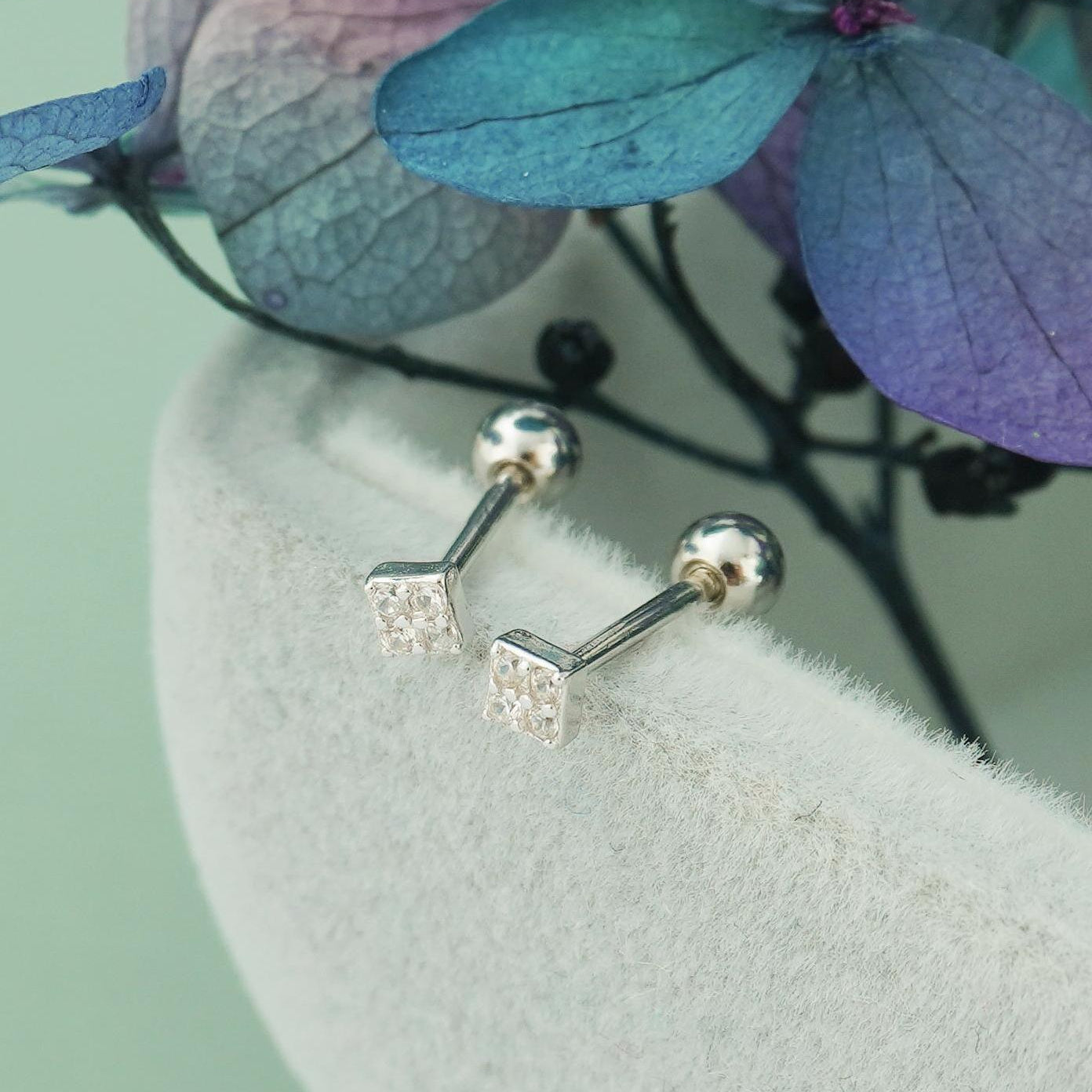 Pair of Sterling Silver Stud Earrings in Rhodium or Gold Plated, VERY TINY Square with Sparkly CZ Crystal Stones