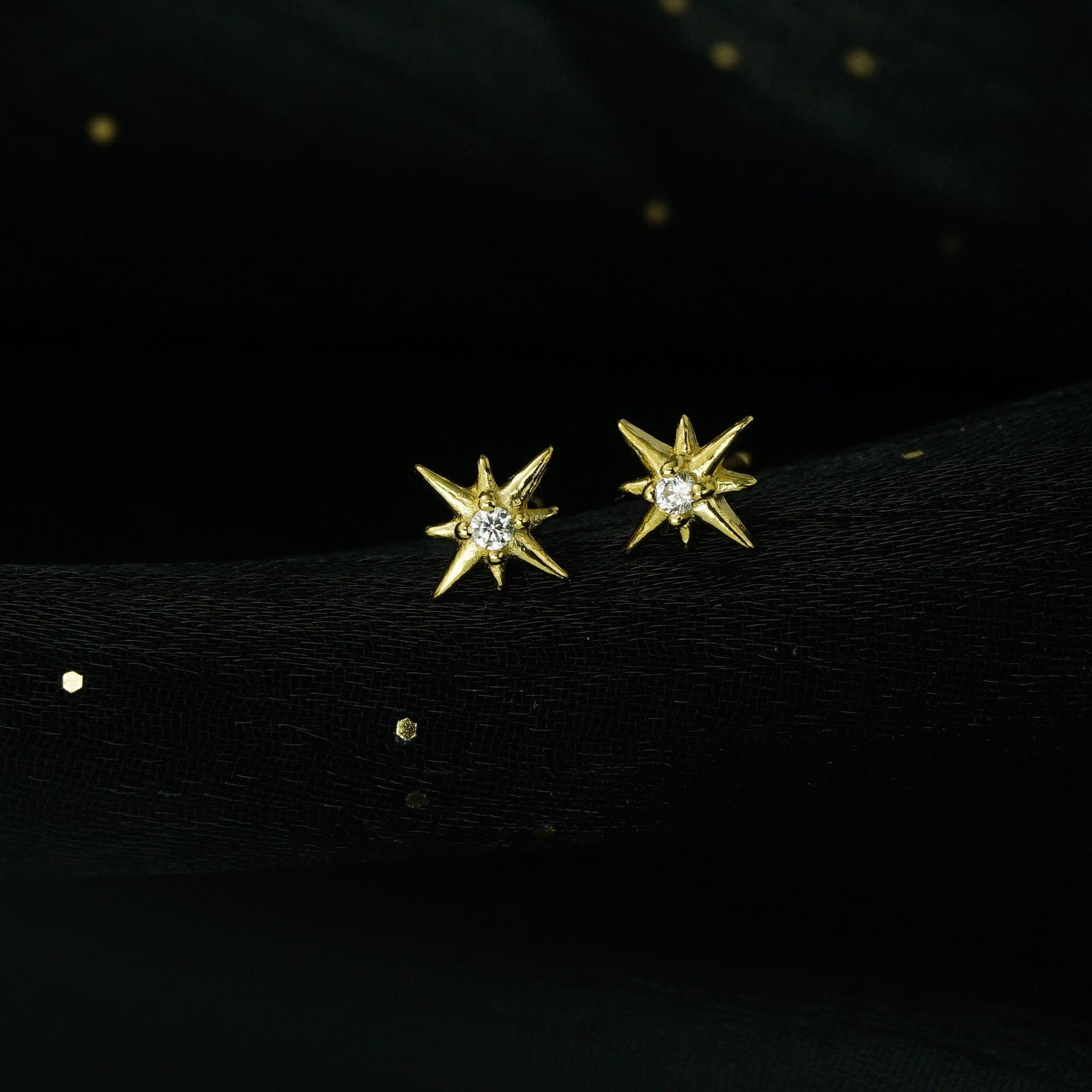 Pair of Starburst Stud Earrings in Sterling Silver or 18ct Plated Gold with CZ Crystal
