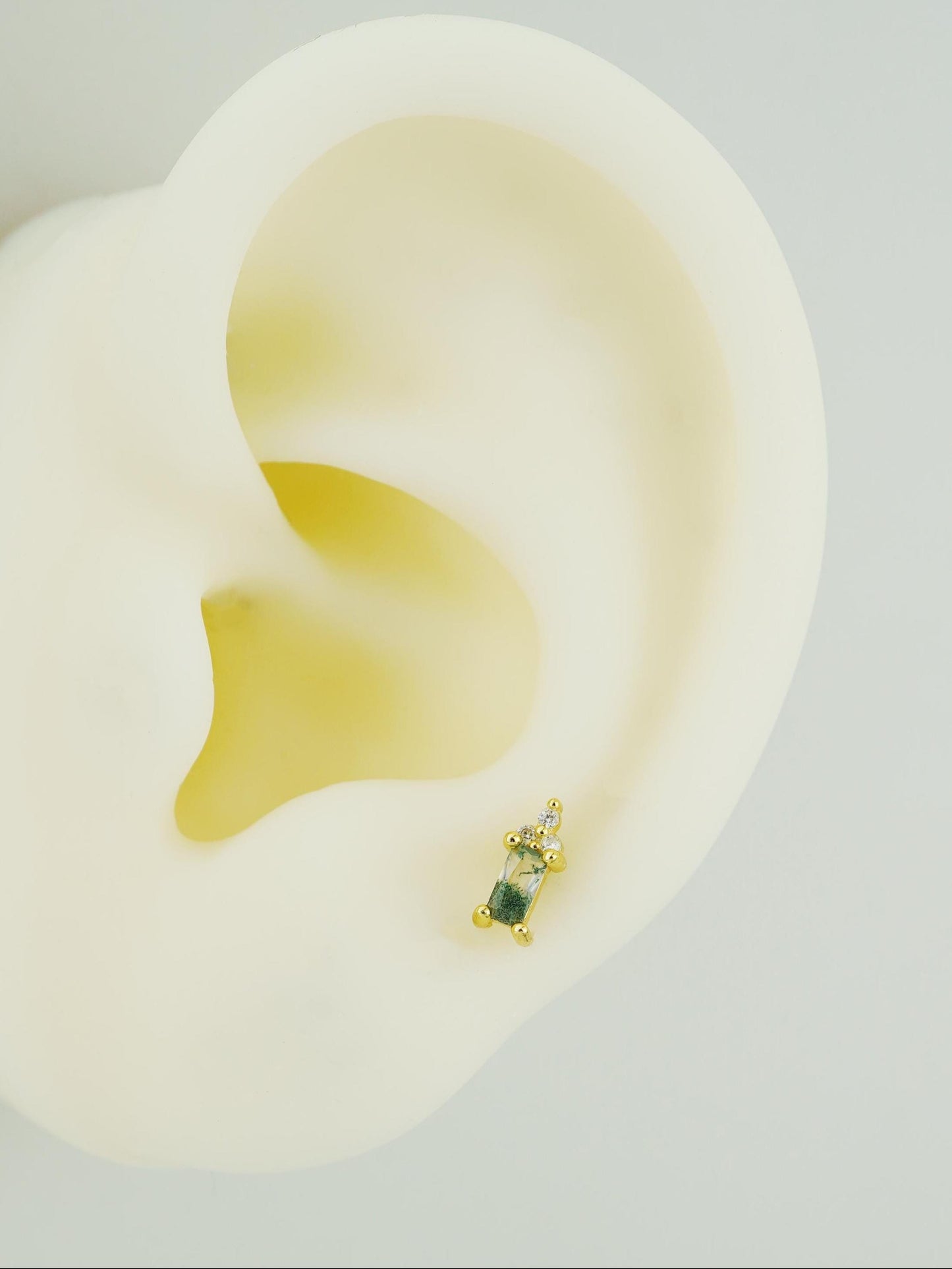 1 pc of Natural Green Moss Agate Baguette & CZ Flat Back Stud Earring in Gold Plated over Sterling Silver