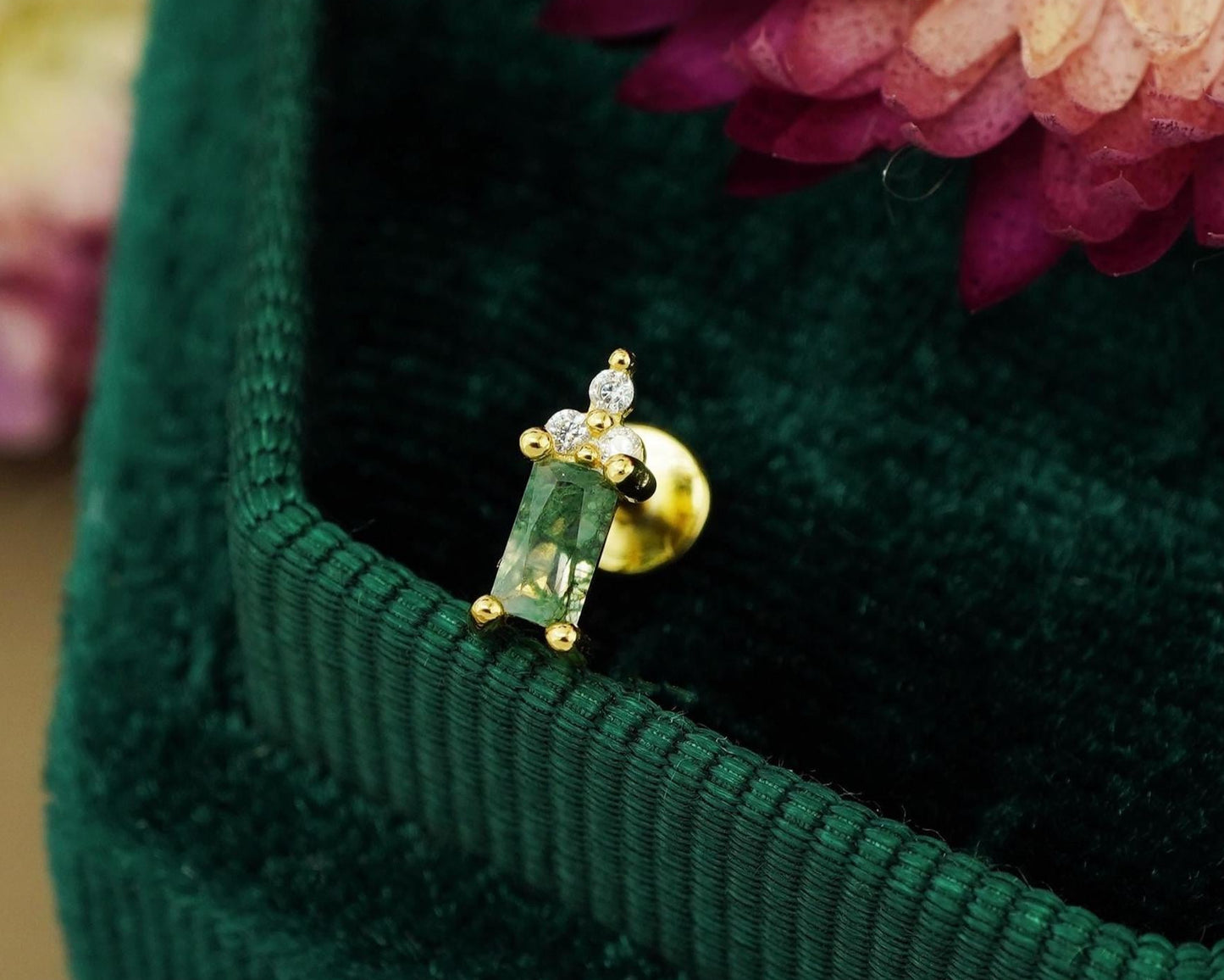 1 pc of Natural Green Moss Agate Baguette & CZ Flat Back Stud Earring in Gold Plated over Sterling Silver