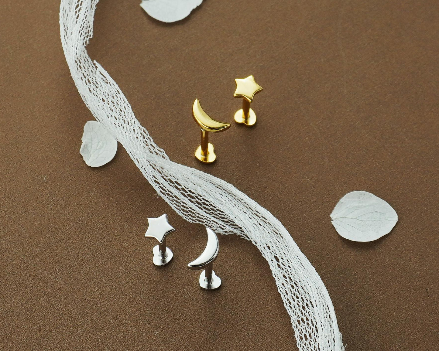 Pair of Sterling Silver Tiny Crescent Moon & Star Stud Earrings in Silver or Plated Gold