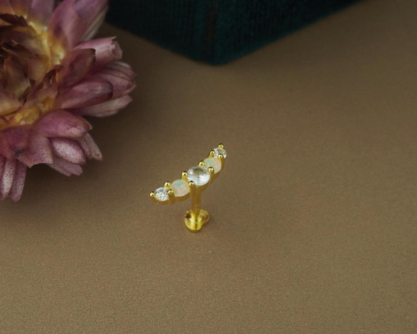 1 pc of Fire Opal & CZ Stud Earring in 18ct Gold Plated over Sterling Silver, Cartilage & Lobe Piercing Jewelry