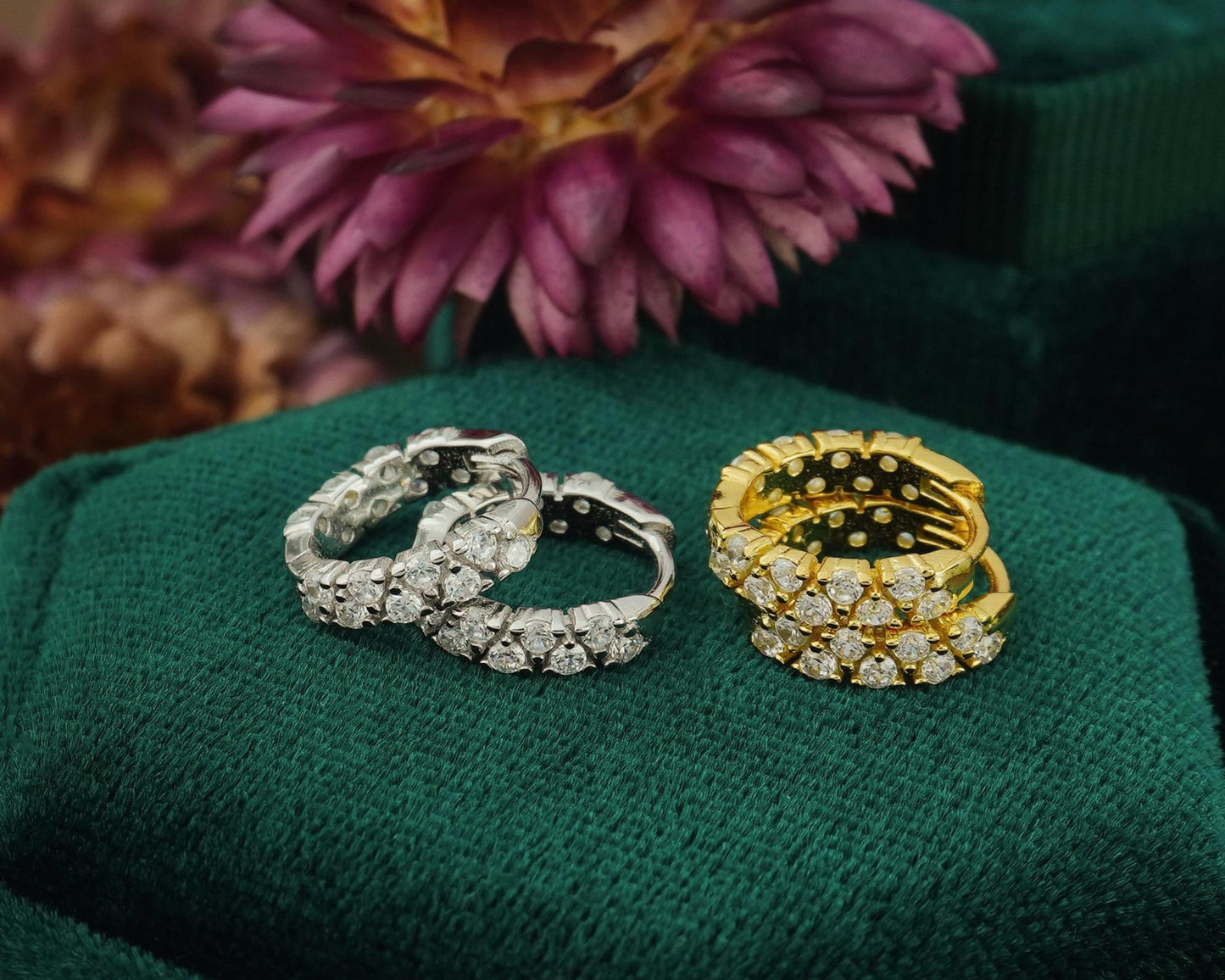 Pair of Statement CZ Huggie Hoop Earrings in Sterling Silver or 18ct Plated Gold, Elegant Sparkly Crystal Gem Ear Jewelry