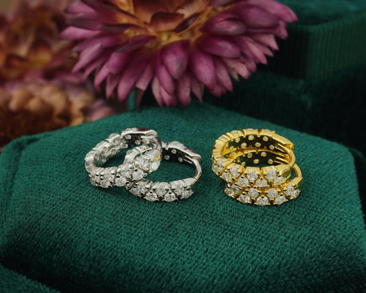 Pair of Statement CZ Huggie Hoop Earrings in Sterling Silver or 18ct Plated Gold, Elegant Sparkly Crystal Gem Ear Jewelry