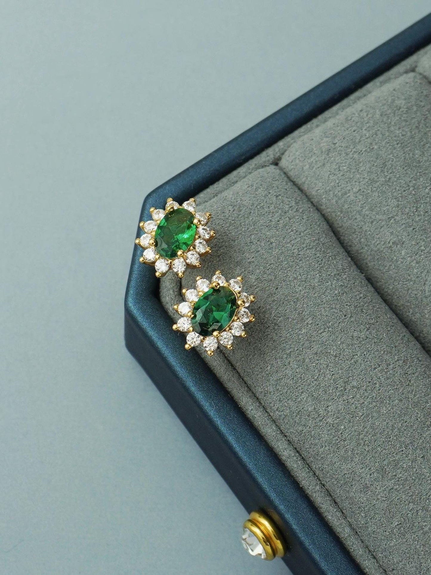 Pair of Halo Oval Emerald Green CZ Stud Earring in 14ct Gold Plated over Sterling Silver