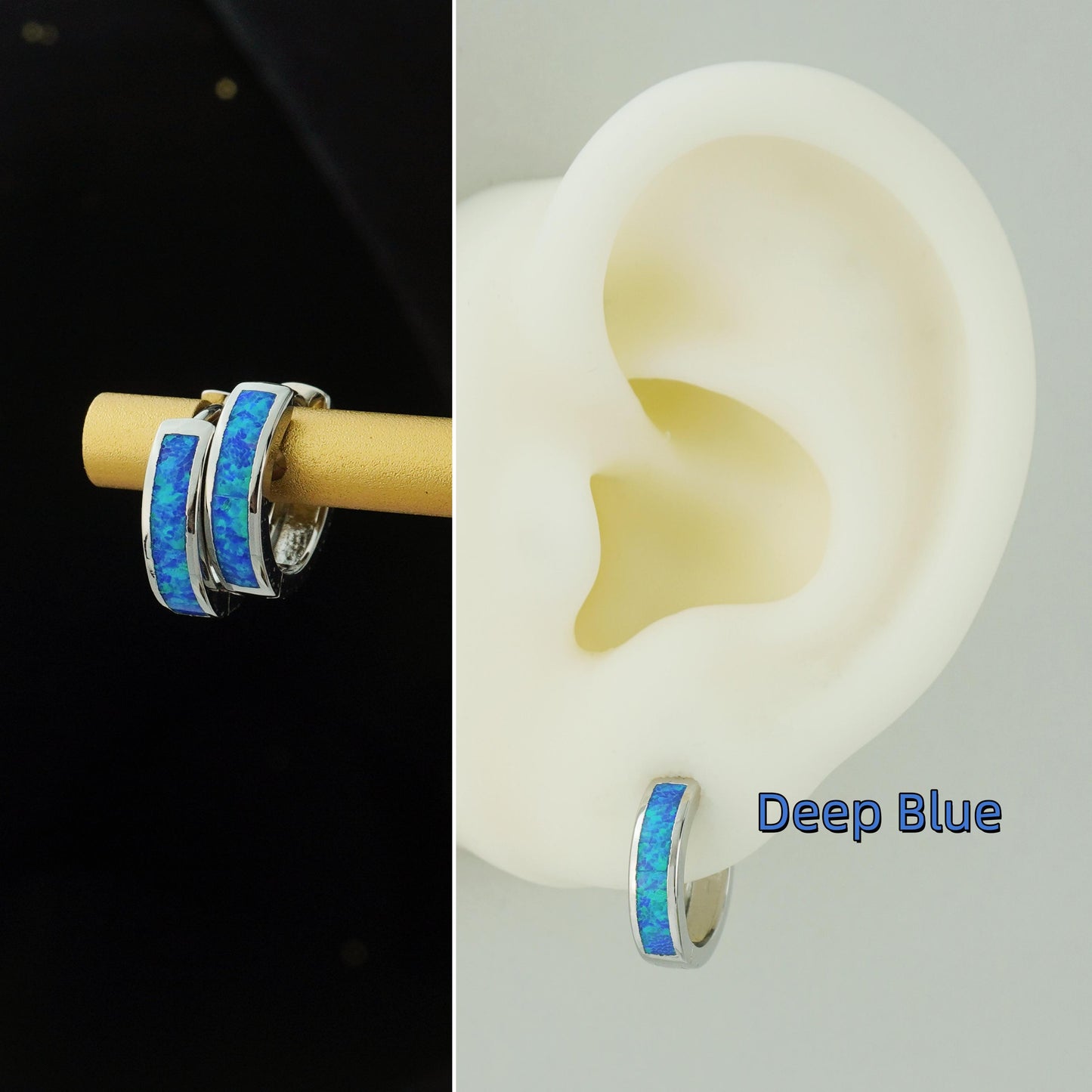 Pair of Elegant Opal Inlay Huggie Hoop Earrings in Rhodium Plated Brass, Purple, Blue, Green or White Stone