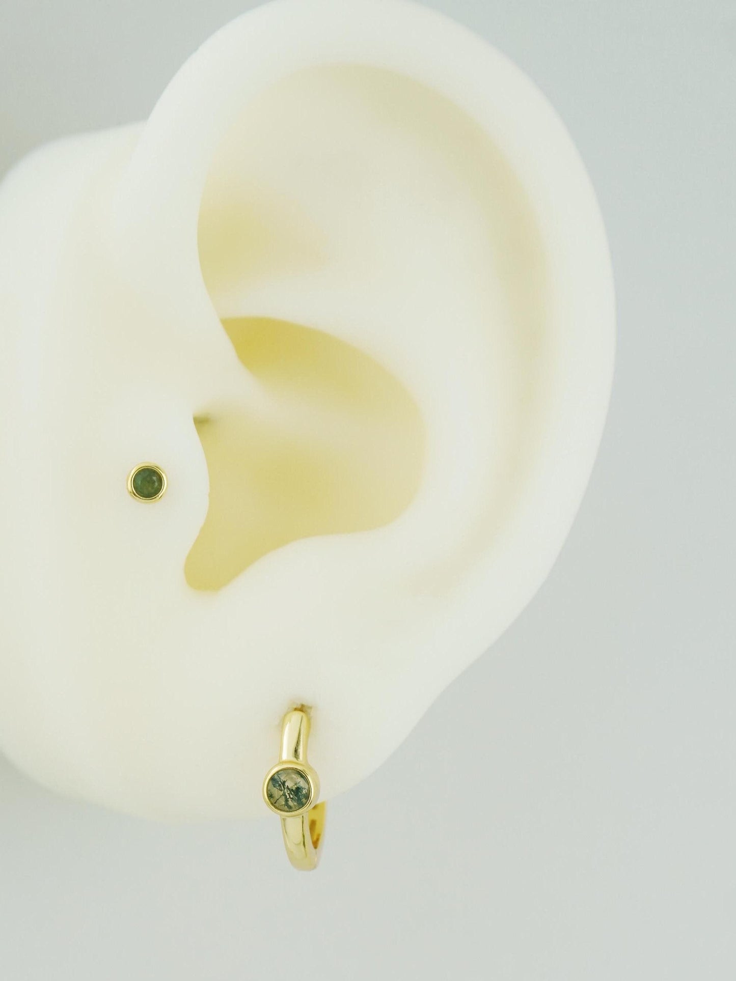 1 pc of Natural Moss Agate Huggie Hoop Earring in Gold Plated over Sterling Silver, Dainty 4mm Bezel Stone in 3 Loop Sizes