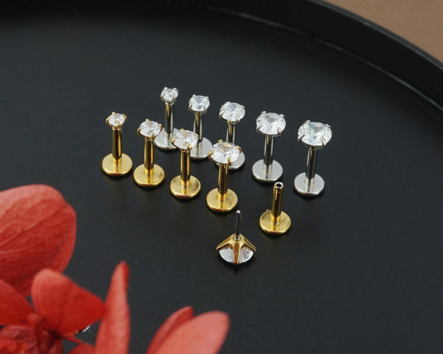 1 pc of Tiny Stainless Steel Push Pin CZ Crystal Stud Earring in Steel or Golden Finish, 5 Sizes Brilliant Round Gem