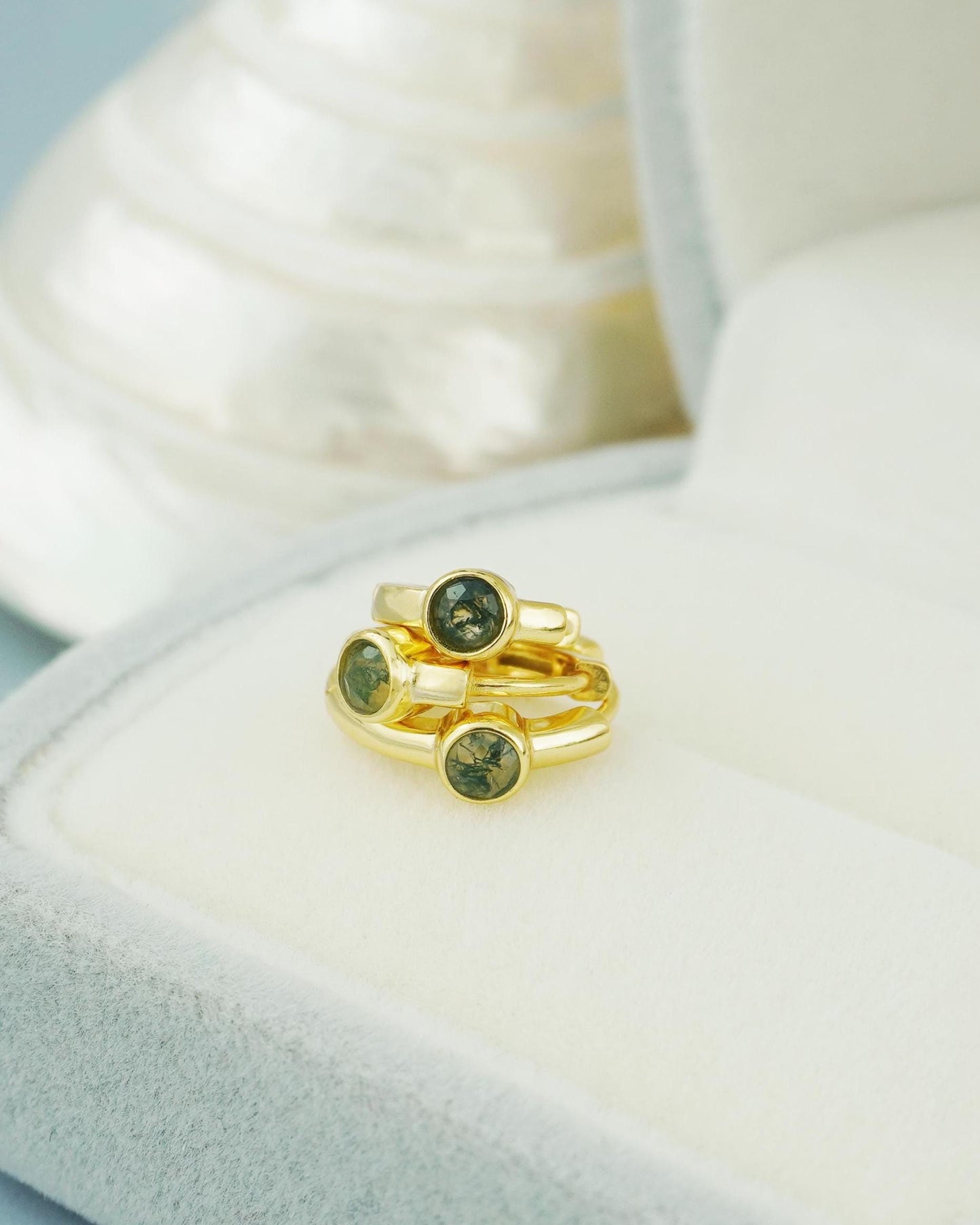 1 pc of Natural Moss Agate Huggie Hoop Earring in Gold Plated over Sterling Silver, Dainty 4mm Bezel Stone in 3 Loop Sizes