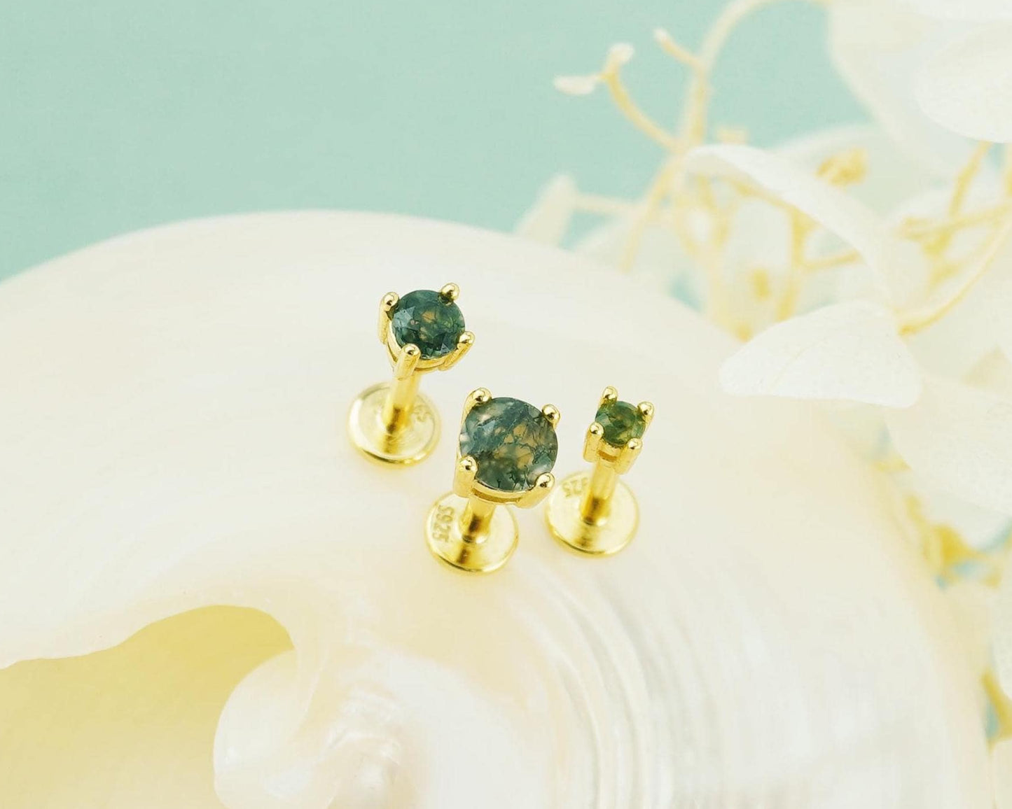 1 pc of Natural Green Moss Agate 4 Prong Solitaire Stud Earring in Gold Plated over Sterling Silver, Cartilage Helix Lobe Piercing