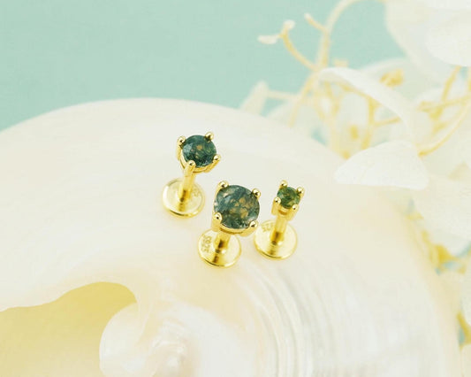 1 pc of Natural Green Moss Agate 4 Prong Solitaire Stud Earring in Gold Plated over Sterling Silver, Cartilage Helix Lobe Piercing