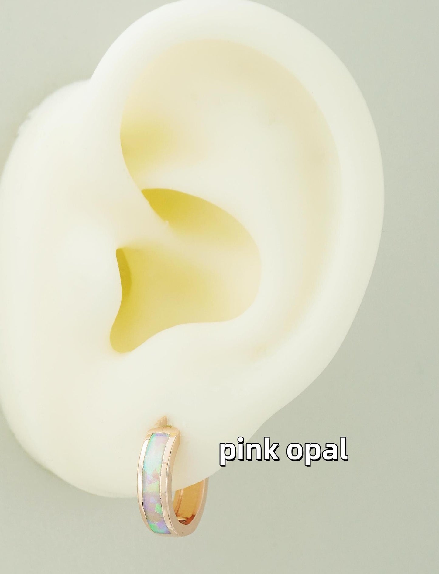 Pair of Elegant Opal Inlay Huggie Hoop Earrings in Rose Gold Plated Over Brass, Pink or White Stone