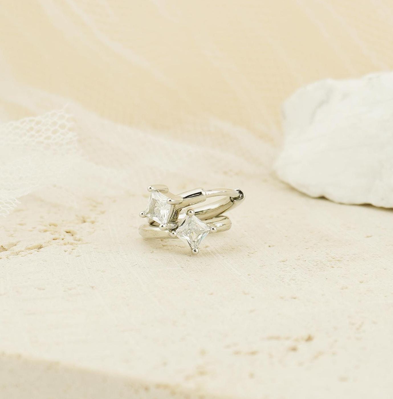 Pair of Square CZ Huggie Hoop Earrings in Gold / Palladium Plated over Brass