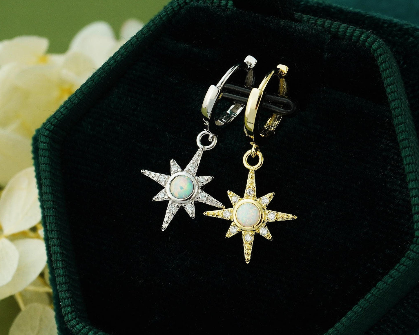 Pair of Opal Starburst Huggie Hoop Earrings in 925 Sterling Silver or 18ct Plated Gold