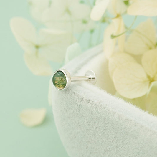 1 pc of Natural Green Moss Agate Cabochon Flat Back Stud Earring in Sterling Silver or Plated Gold, Dainty 5mm Bezel Ear Jewelry
