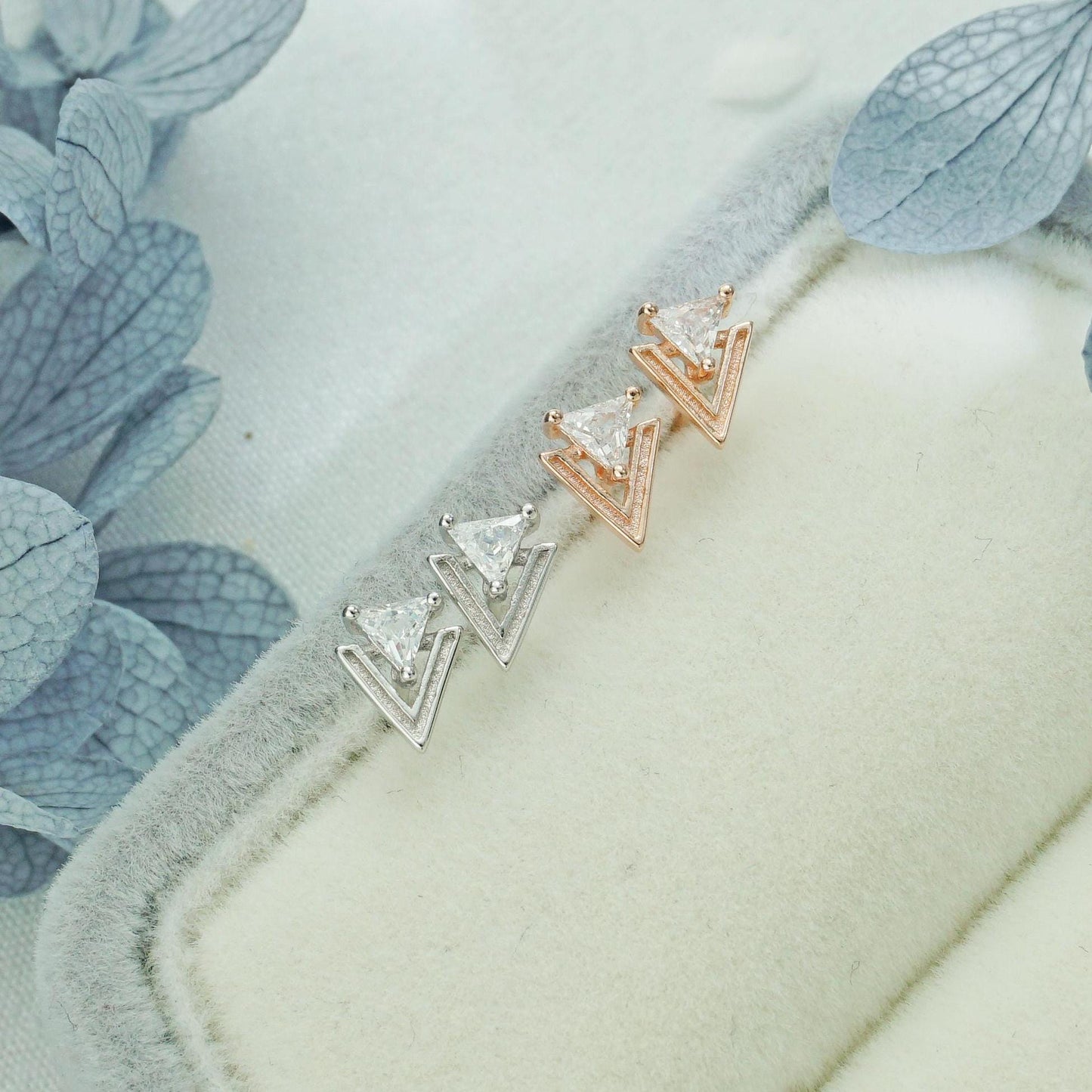 Pair of Double Triangle Arrowhead Stud Earring in Sterling Silver or Plated Rose Gold