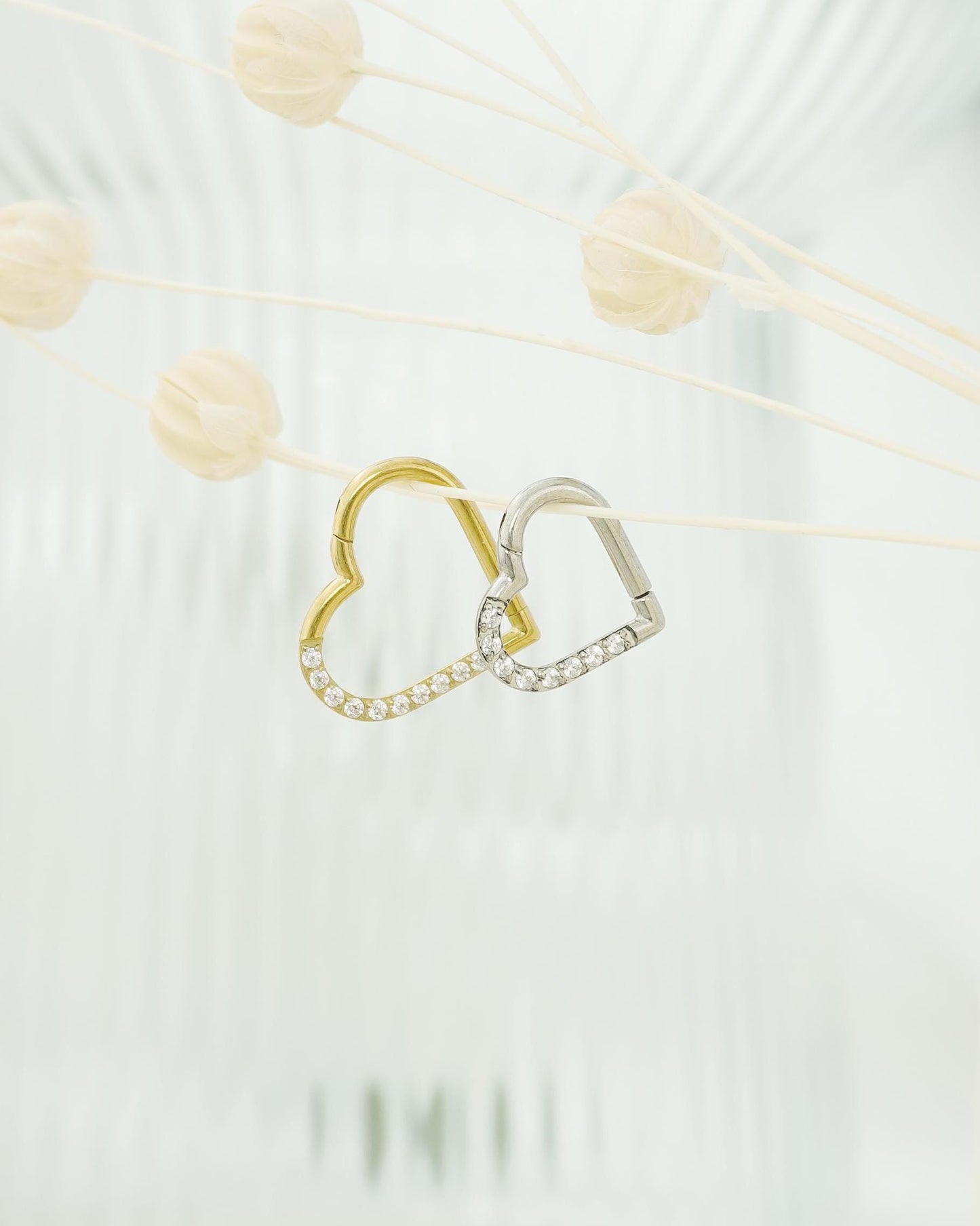 1 pc of 16G Implant Grade Titanium Hinged CZ Heart Daith Earring Hoop, Helix Clicker, Septum Nose Piercing, 1.2*8/10mm