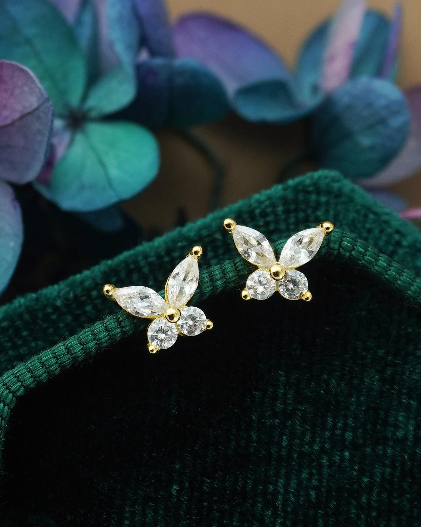 Pair of CZ Butterfly Stud Earrings in Sterling Silver or Gold Plated, Marquise Gem Nature Inspired Jewelry