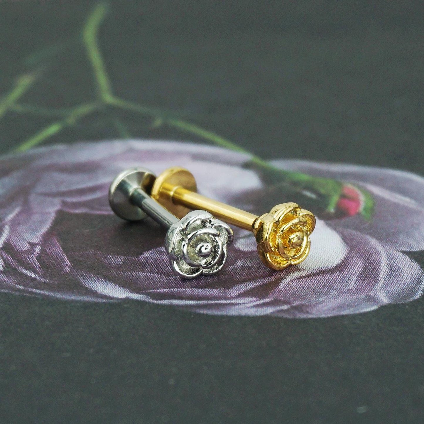 1 pc of Push Pin Flat Back Romantic Rose Floral Blossom Stud Earring in Stainless Steel or Golden Finish