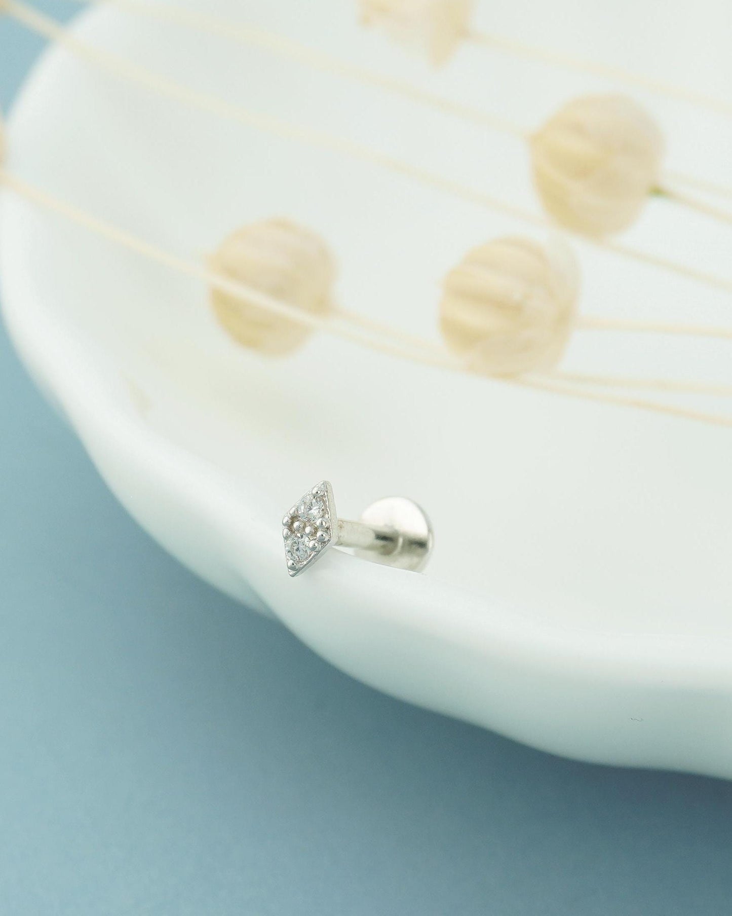 1 pc of VERY TINY Lozenge Rhombus Stud Earring with Double CZ Crystal in Sterling Silver or 18ct Gold Plated, Flat Screw Back