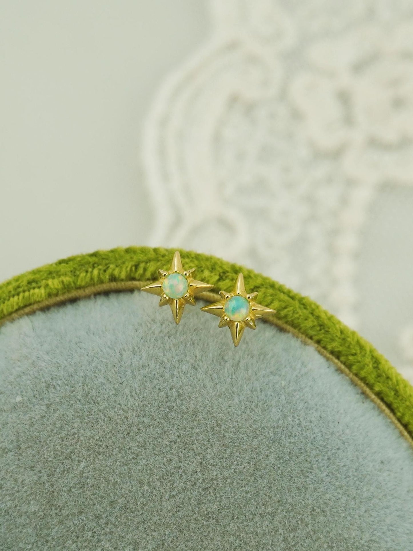 Pair of Starburst Stud Earrings in Sterling Silver or Plated Gold, Celestial Design with Blue Hue Fire Opal