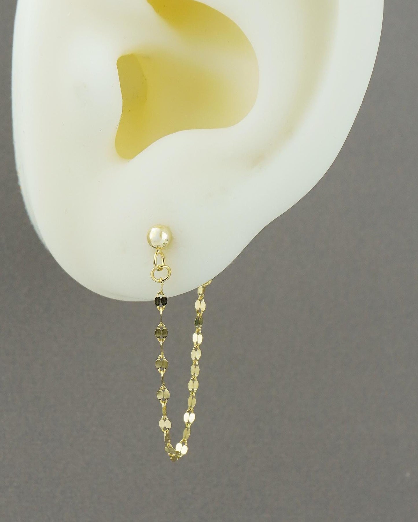 Pair of Flat Sequin Lace Chain Stud Earrings in 18ct Gold Plated over Sterling Silver, Front & Back Minimal Lip Chain Ear Jacket