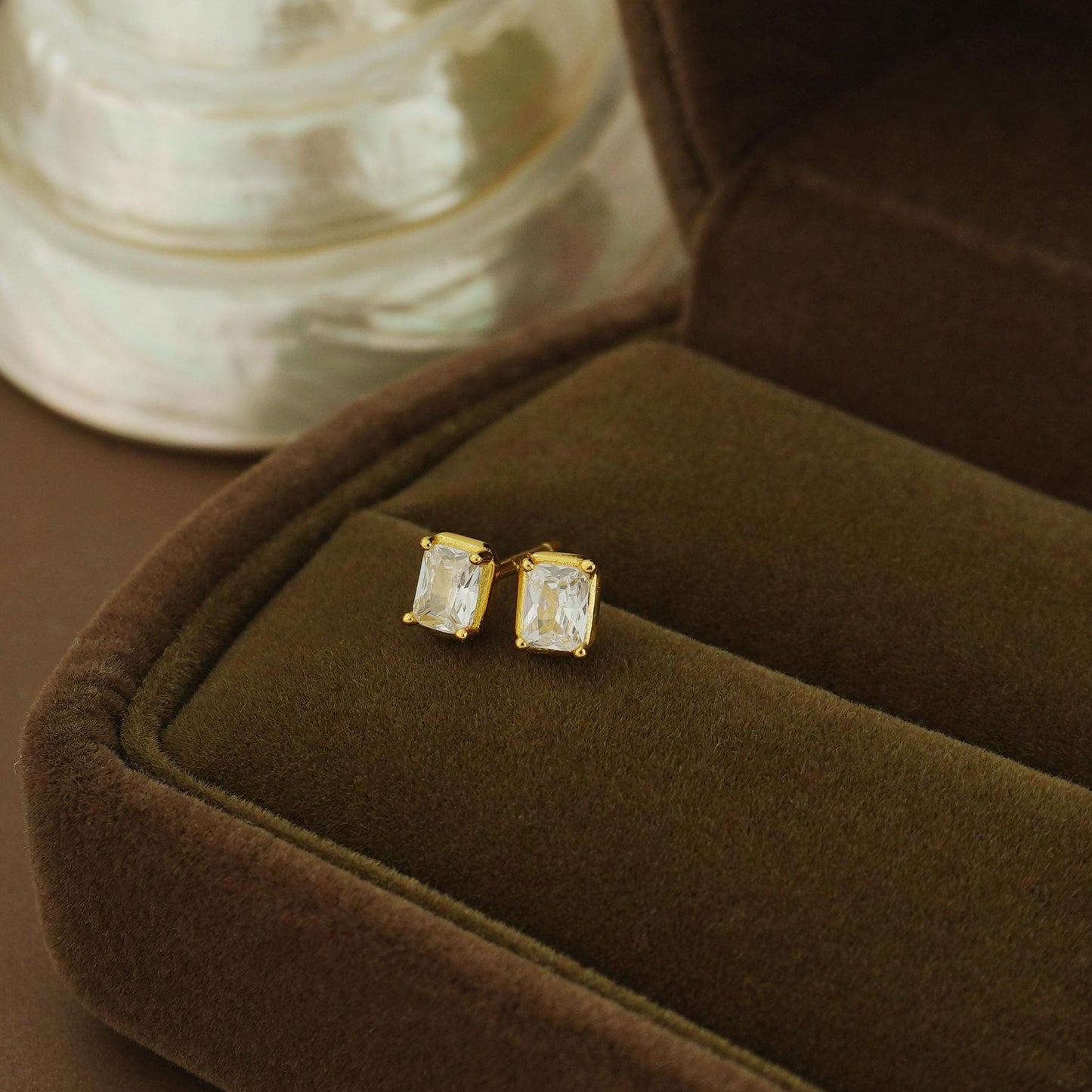 Pair of Emerald-Cut CZ Stud Earrings in Sterling Silver or Gold Plated, Sparkly Rectangle Crystal Stone
