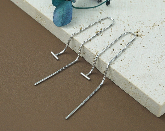 Pair of 5mm Short Bar Head Dangle Threader Earrings in Sterling Silver or Plated Gold, Dainty Dangly Chain, Minimal Delicate Ear Wire