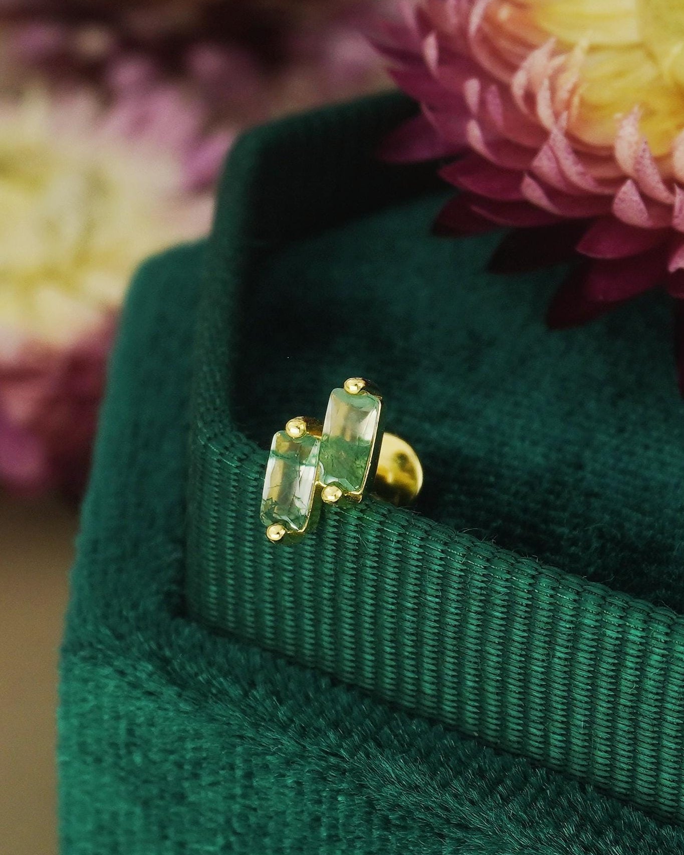 1 pc of Natural Green Moss Agate Double Baguette Stud Earring in Gold Plated over Sterling Silver, Cartilage Helix Lobe Piercing