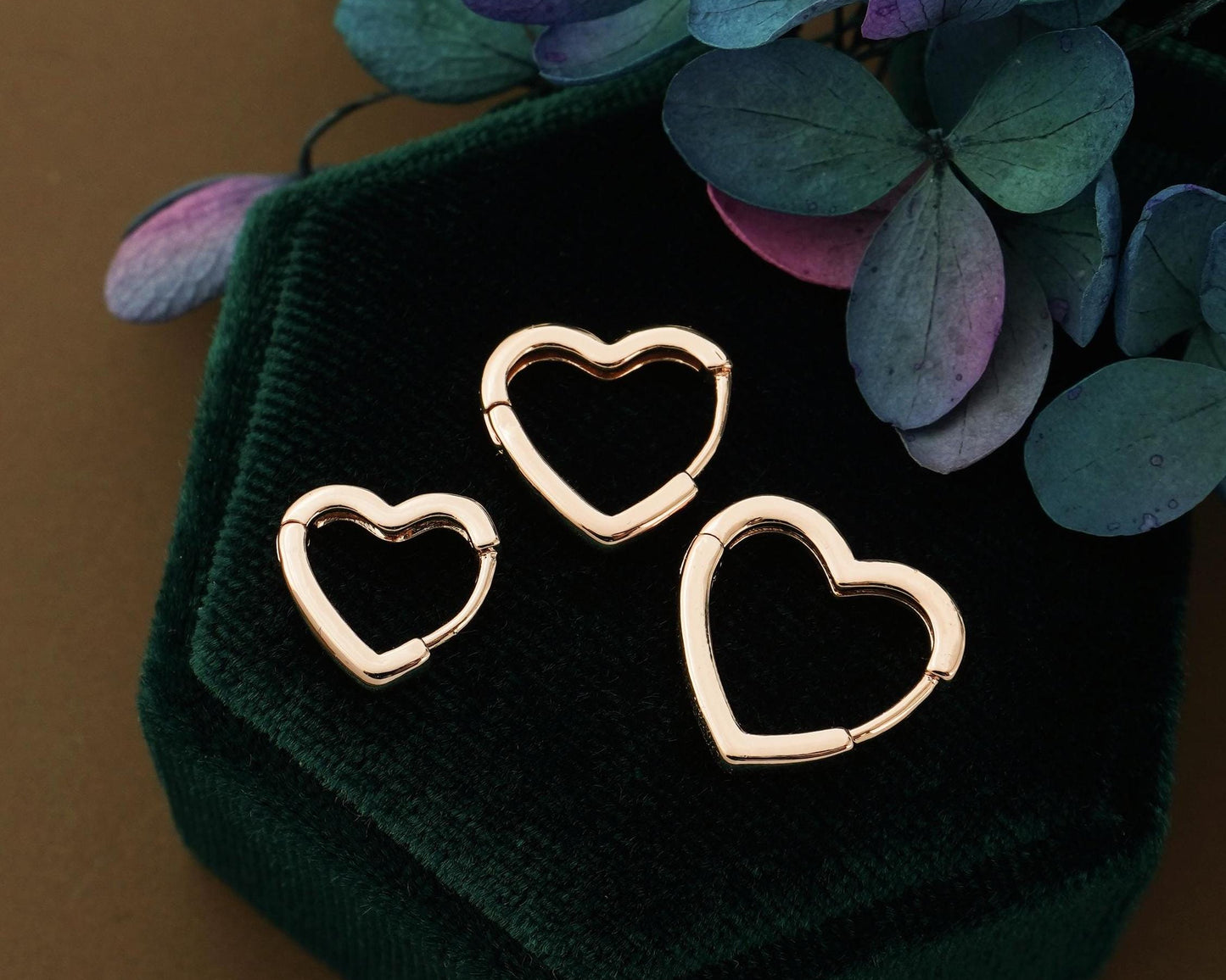 Pair of Minimal Love Heart Huggie Hoop Earrings in Brass Plated with Rhodium, Gold, Rose Gold