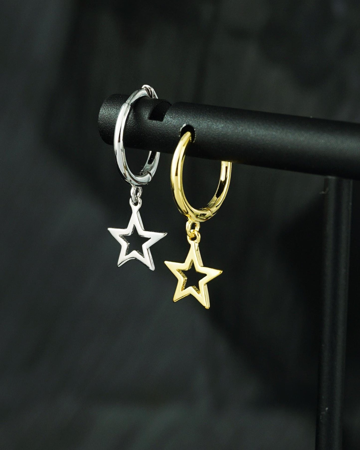 Pair of Dangly Open Star Huggie Hoop Earrings in Sterling Silver or Plated Gold
