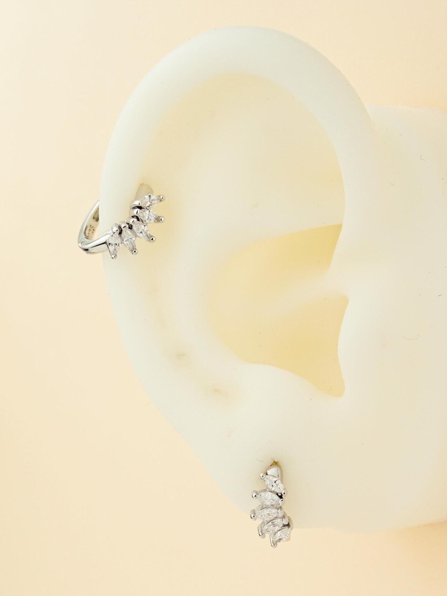Pair of Marquise CZ Huggie Hoop Earrings in S925 Sterling Silver or Plated Gold, Five Leaf Cluster Crown