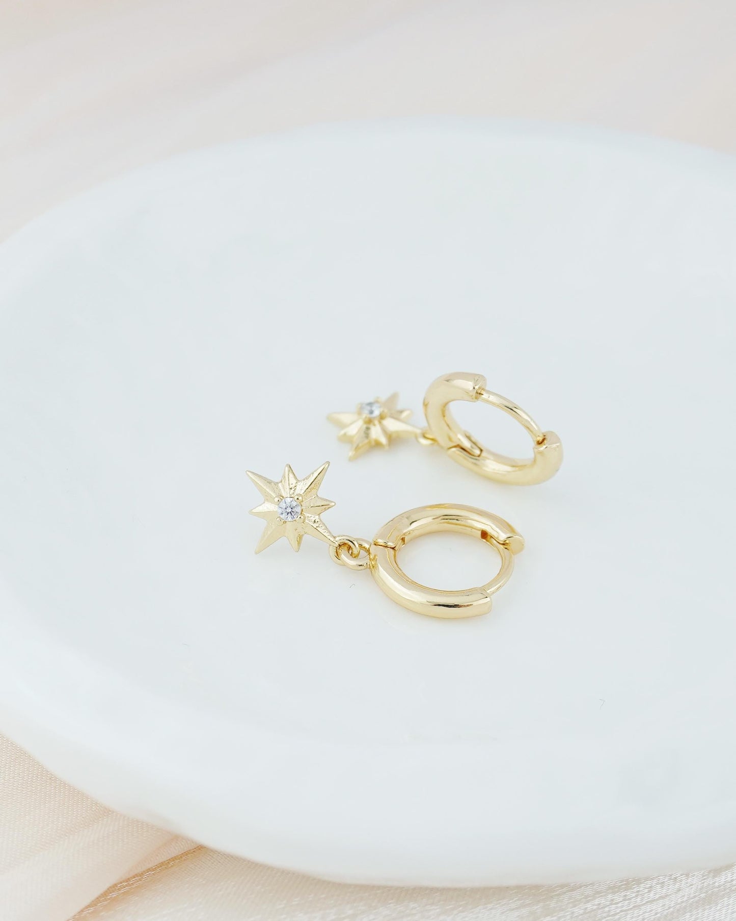 Pair of Starburst Huggie Hoop Earrings in Gold Plated Brass, Sunburst Charm with Sparkly CZ