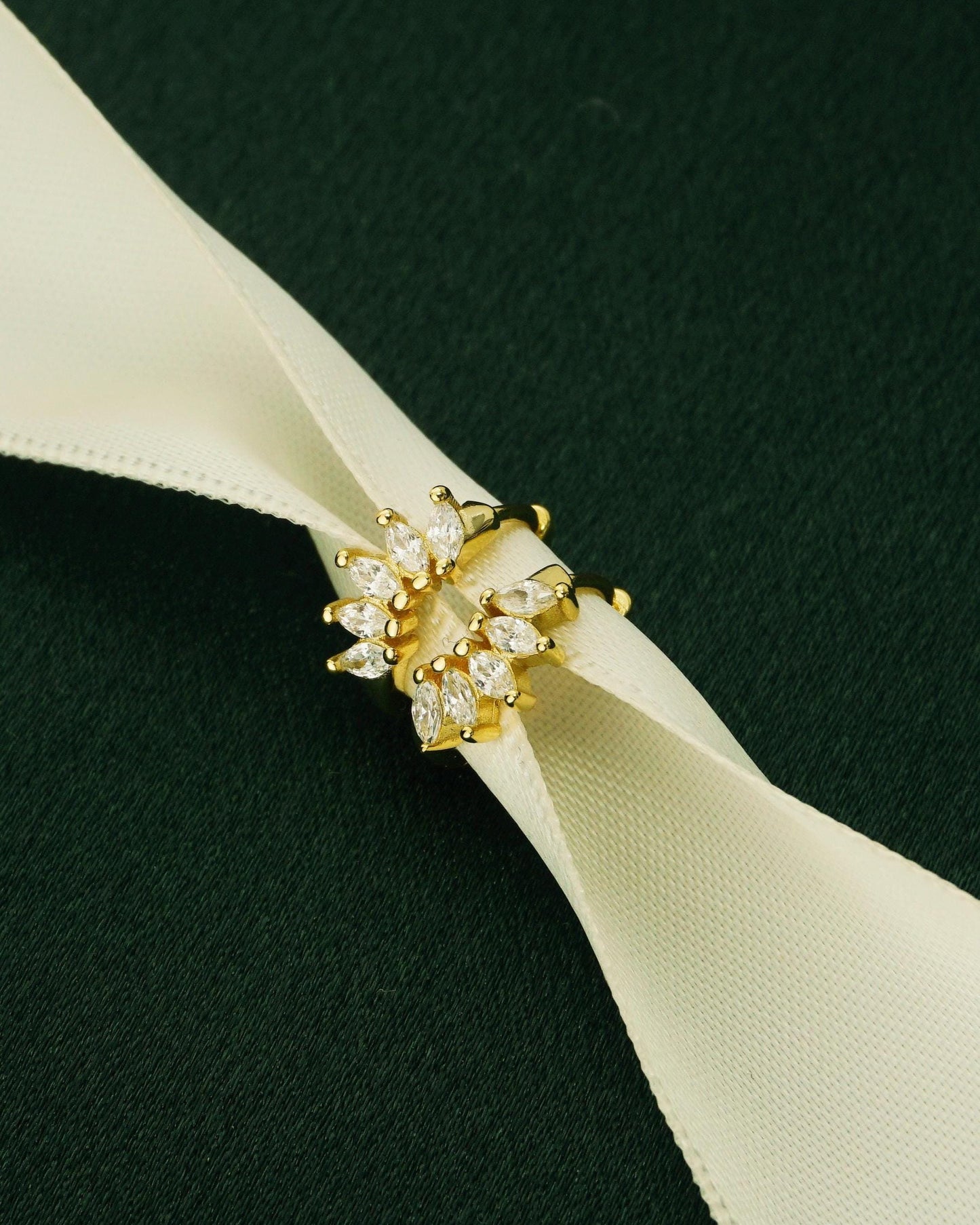 Pair of Marquise CZ Huggie Hoop Earrings in S925 Sterling Silver or Plated Gold, Five Leaf Cluster Crown