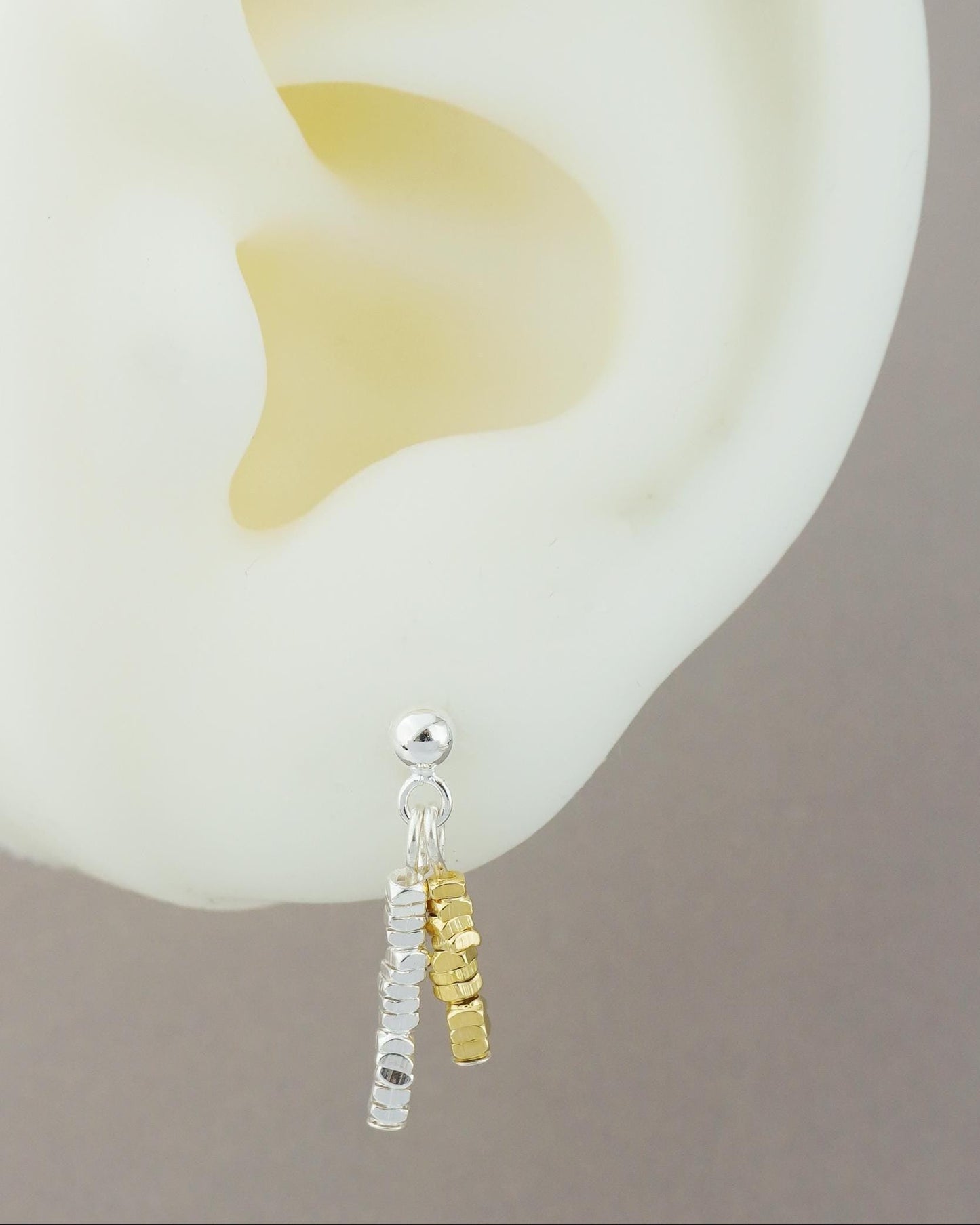 Pair of Dangly Two-toned Sterling Silver Faceted Square Strand Stud Earrings, Simple Stringed Geometric Mini Beads