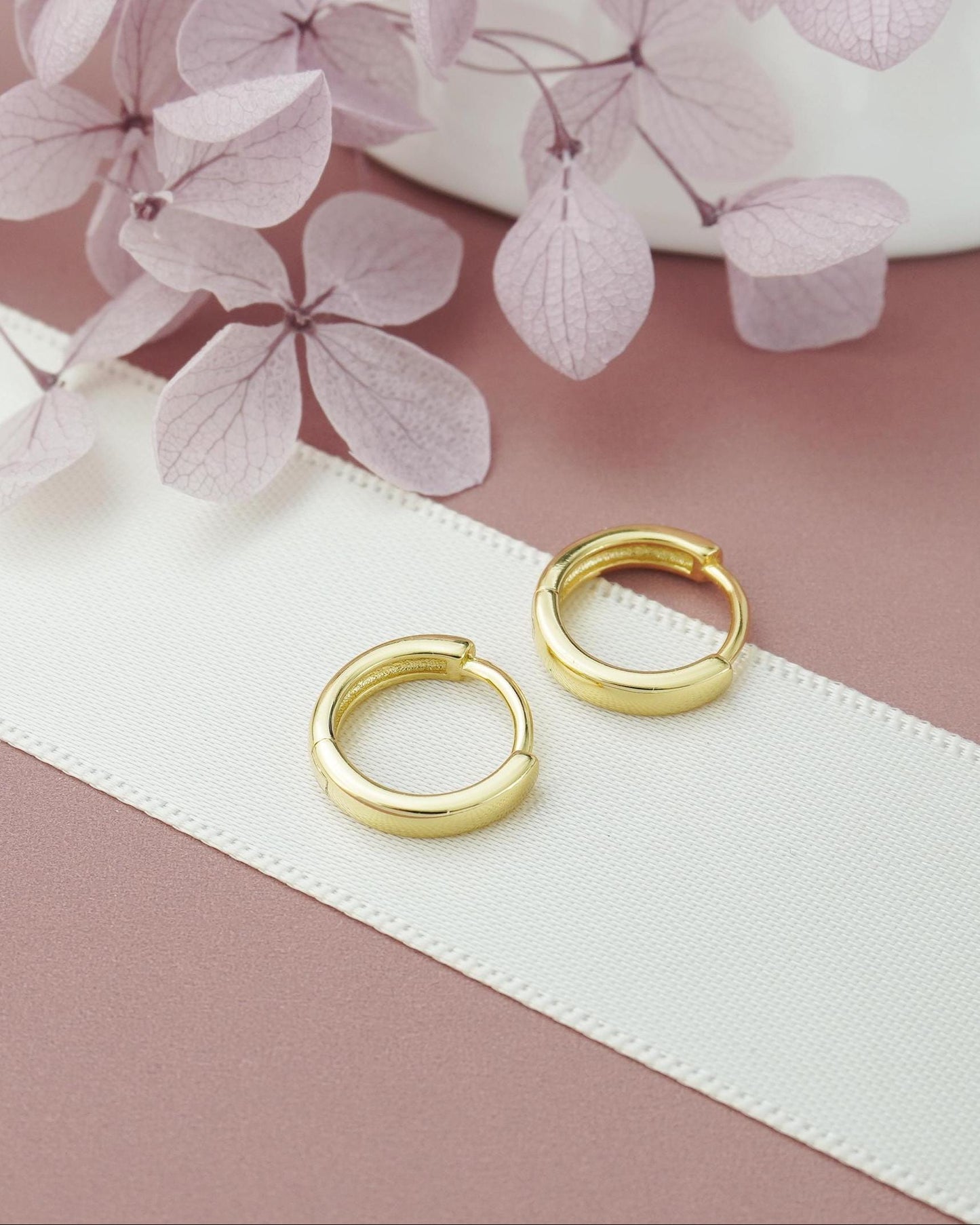 Pair of Round Edged Huggie Hoop Earrings in Sterling Silver or 18ct Gold Plated