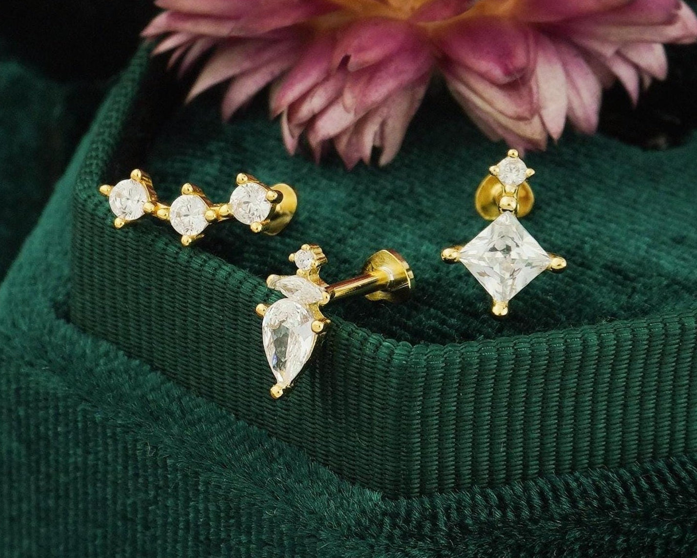 1 pc of CZ Stud Earring in 18k Gold Plated over Sterling Silver, Mini Trio Star/ Princess Cut/ Pear Cut Tragus Cartilage Labret