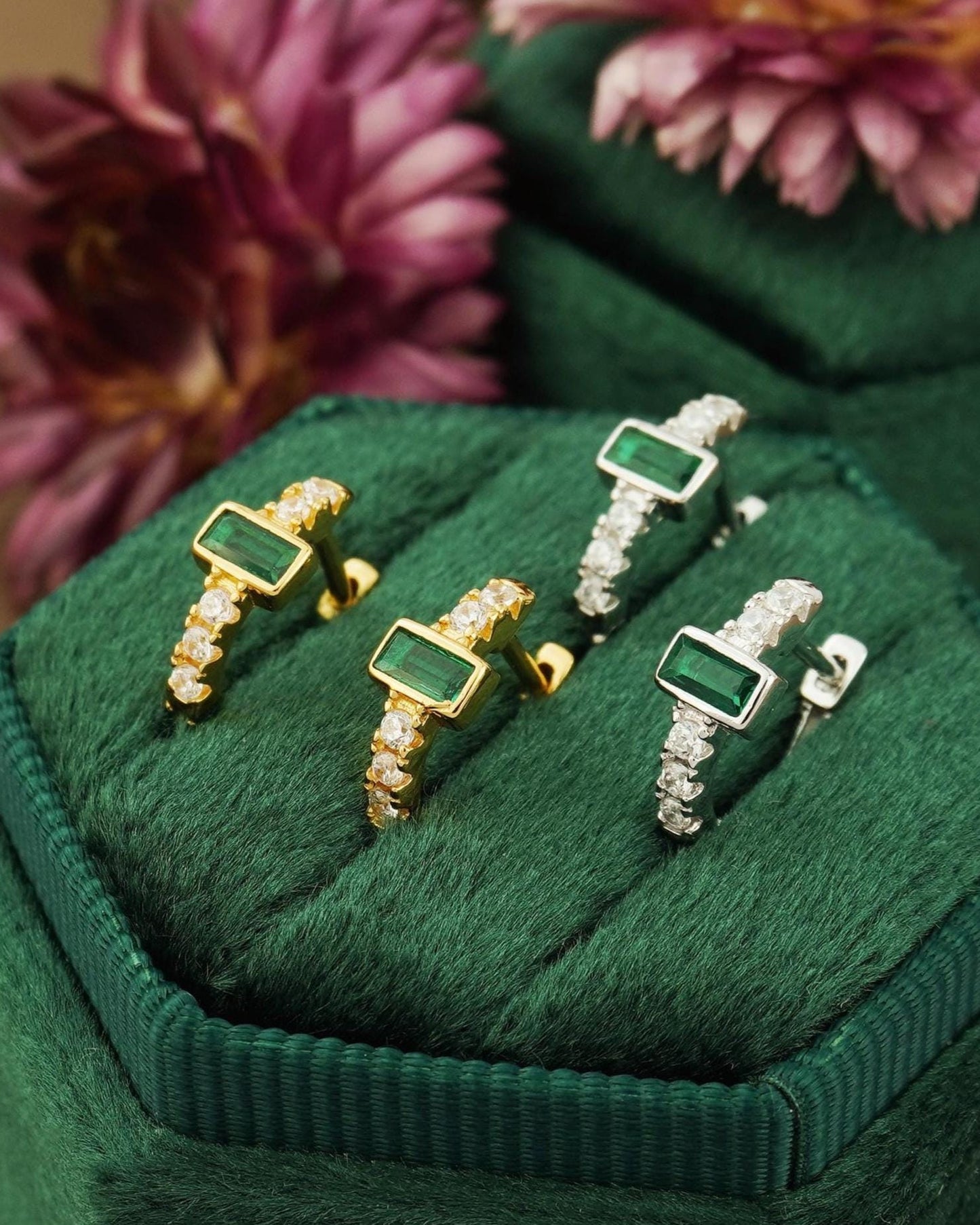 Pair of Emerald Green Baguette CZ Huggie Hoop Earrings in Sterling Silver or Plated Gold, Rectangular Crystal Gem Paved Loop Earlobe Jewelry