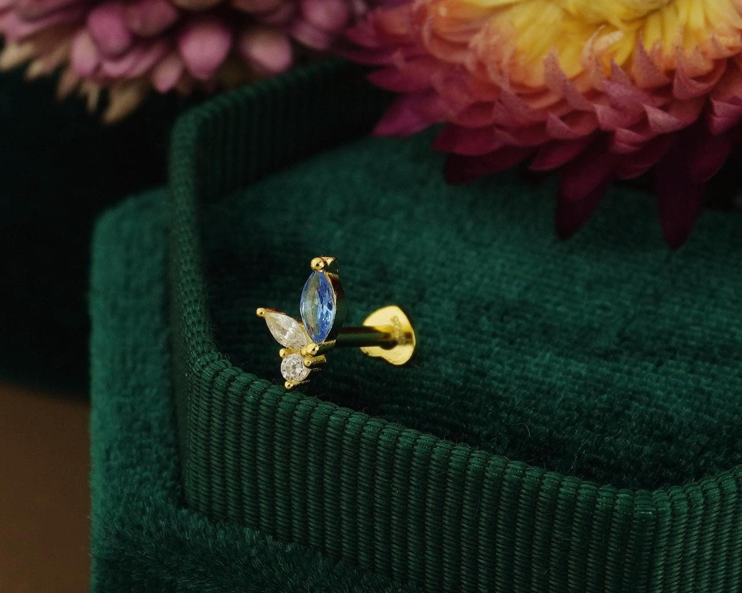 1 pc of Marquise Opal / Blue CZ Stud Earring in 18k Gold Plated over Sterling Silver, 16G Lobe Tragus Cartilage Piercing Jewelry