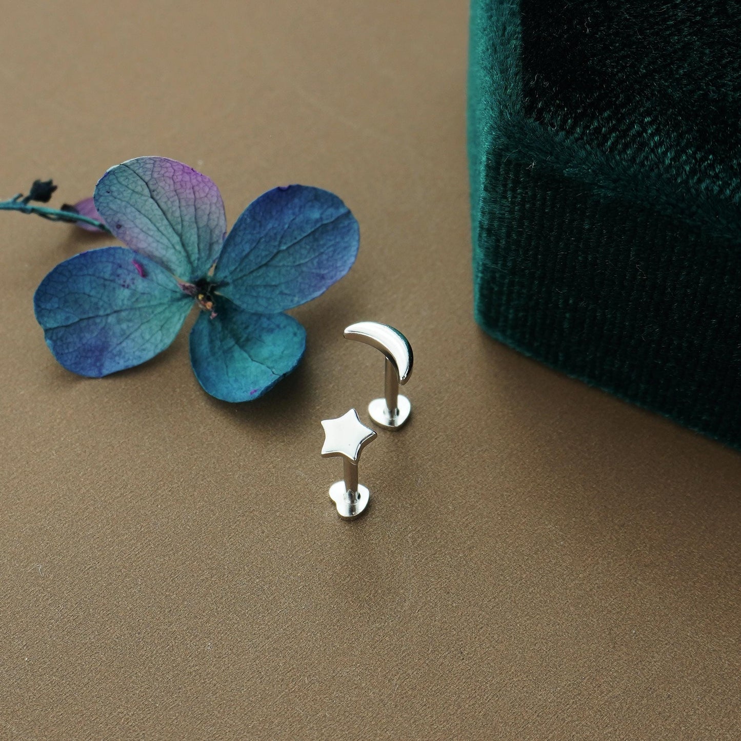 Pair of Sterling Silver Tiny Crescent Moon & Star Stud Earrings in Silver or Plated Gold
