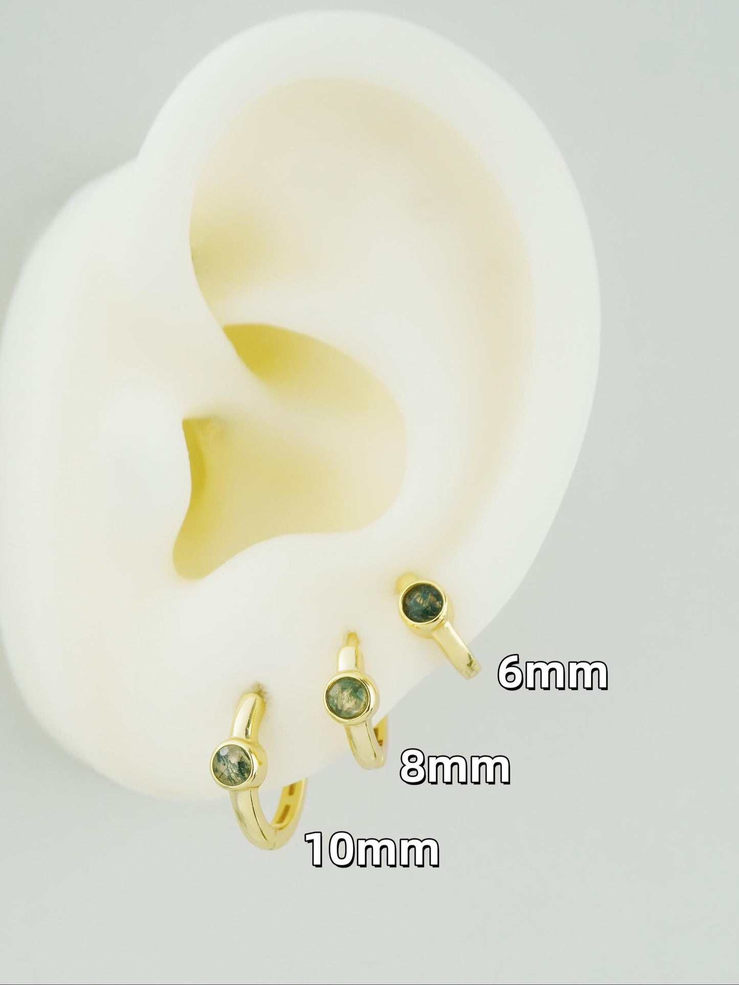 1 pc of Natural Moss Agate Huggie Hoop Earring in Gold Plated over Sterling Silver, Dainty 4mm Bezel Stone in 3 Loop Sizes